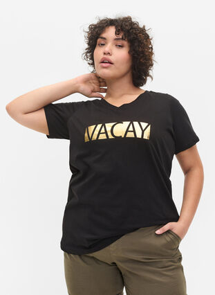 T-Shirt aus Baumwolle mit V-Ausschnitt, Black VACAY , Model image number 0