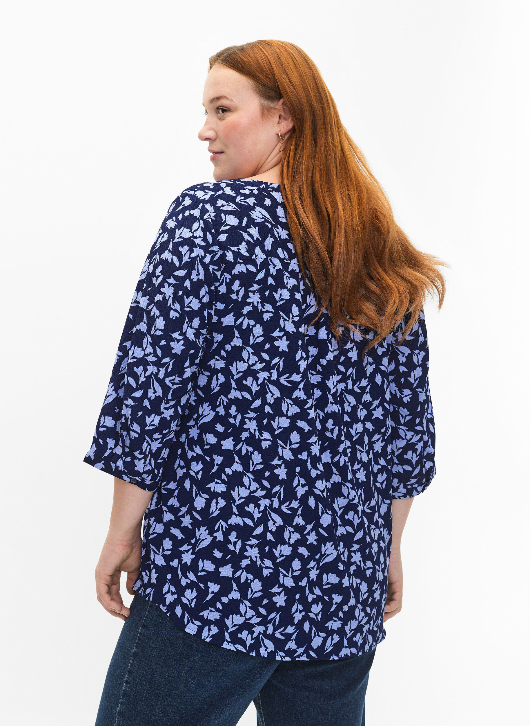 Zizzi Florale Bluse mit 3/4-&Auml;rmeln, M. Blue Flower AOP, Model image number 1