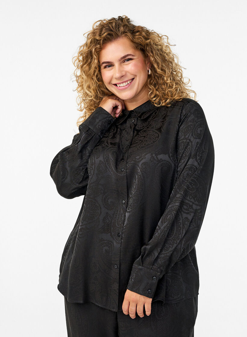 Bluse mit Ton-in-Ton Paisleymuster, Schwarz, Model image number 0