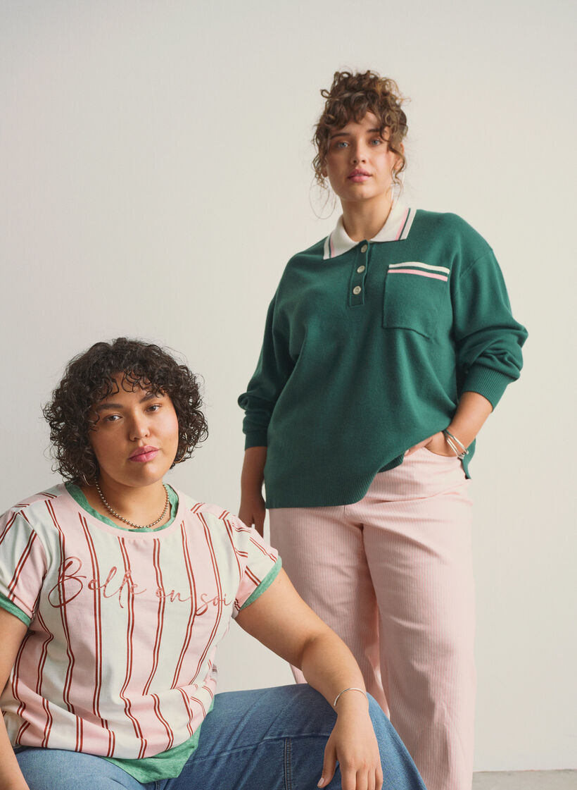 Strickbluse mit Polokragen und Kontraststreifen, Grün, Image