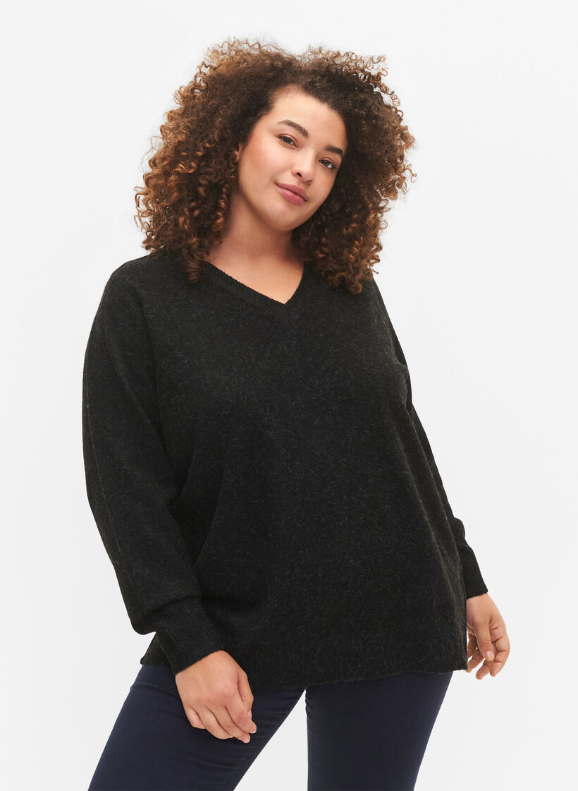 Melange Pullover mit V-Ausschnitt, Dark Grey Melange, Model image number 0