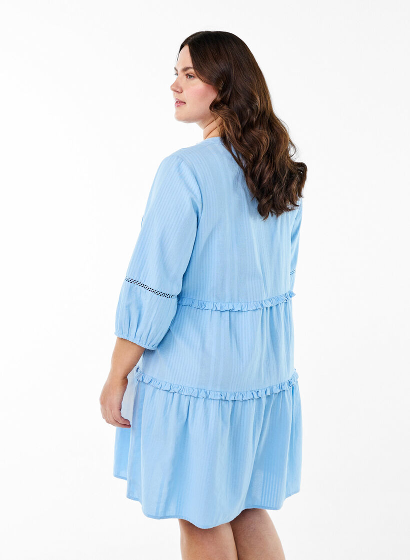 Baumwollkleid mit 3/4-Ärmeln und Rüschen, Blau, Model image number 2