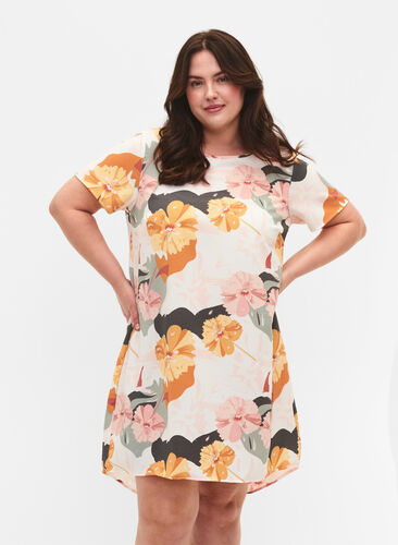 Kleid mit Aufdruck und kurzen Ärmeln, Rose Big Flower, Model image number 0