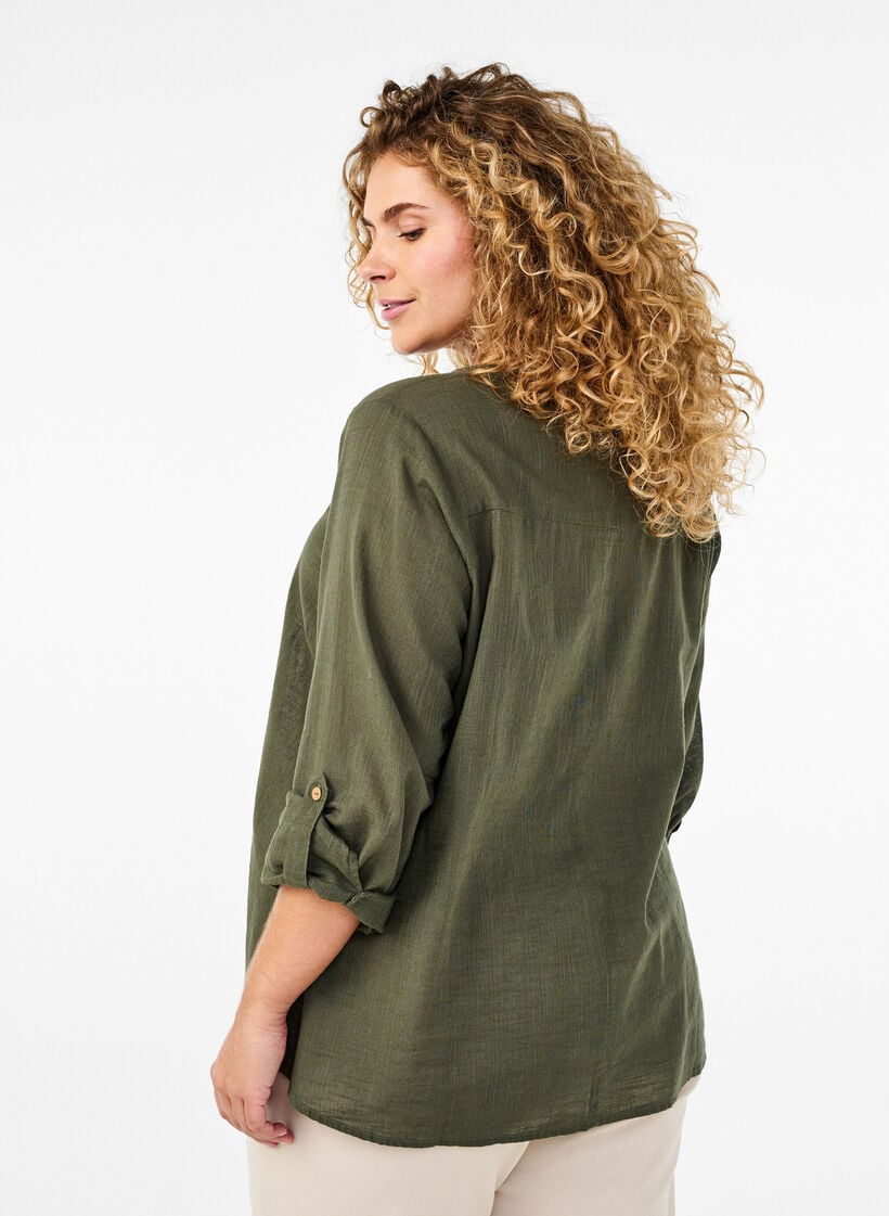 Baumwollbluse mit V-Ausschnitt, Gr&uuml;n, Model image number 2