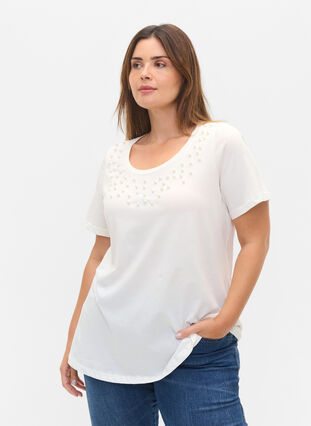 Baumwoll-T-Shirt mit Perlen, Warm Off-white, Model image number 0