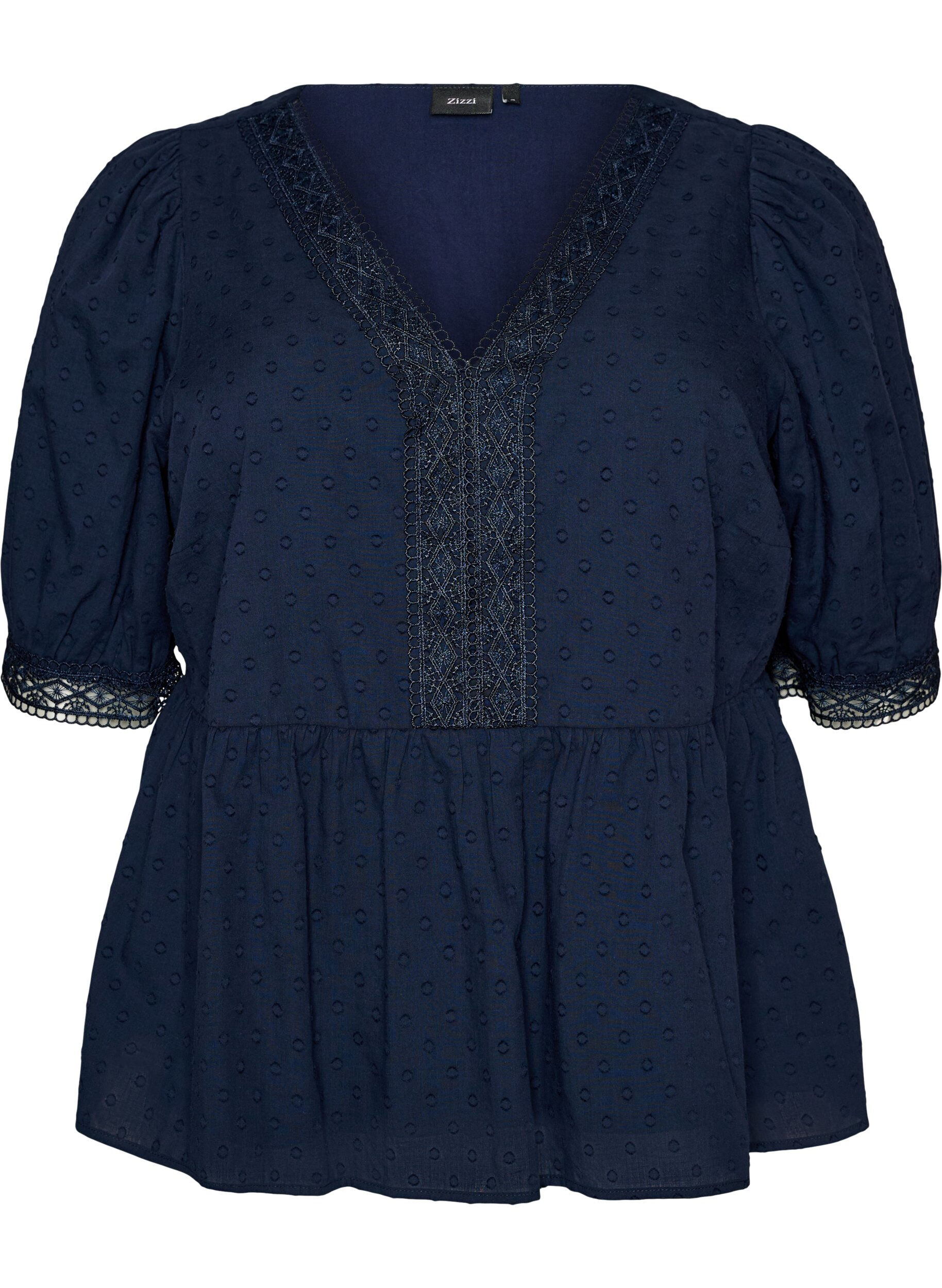 Zizzi Bluse aus strukturierter Baumwolle mit H&auml;keldetails, Blau, Packshot image number 0