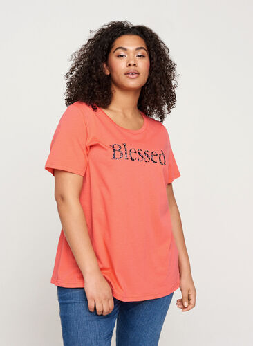 T-Shirt mit Print, Living Coral BLESSED, Model image number 0