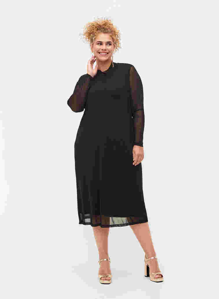 Langarm Midi-Kleid in Mesh, Black, Model