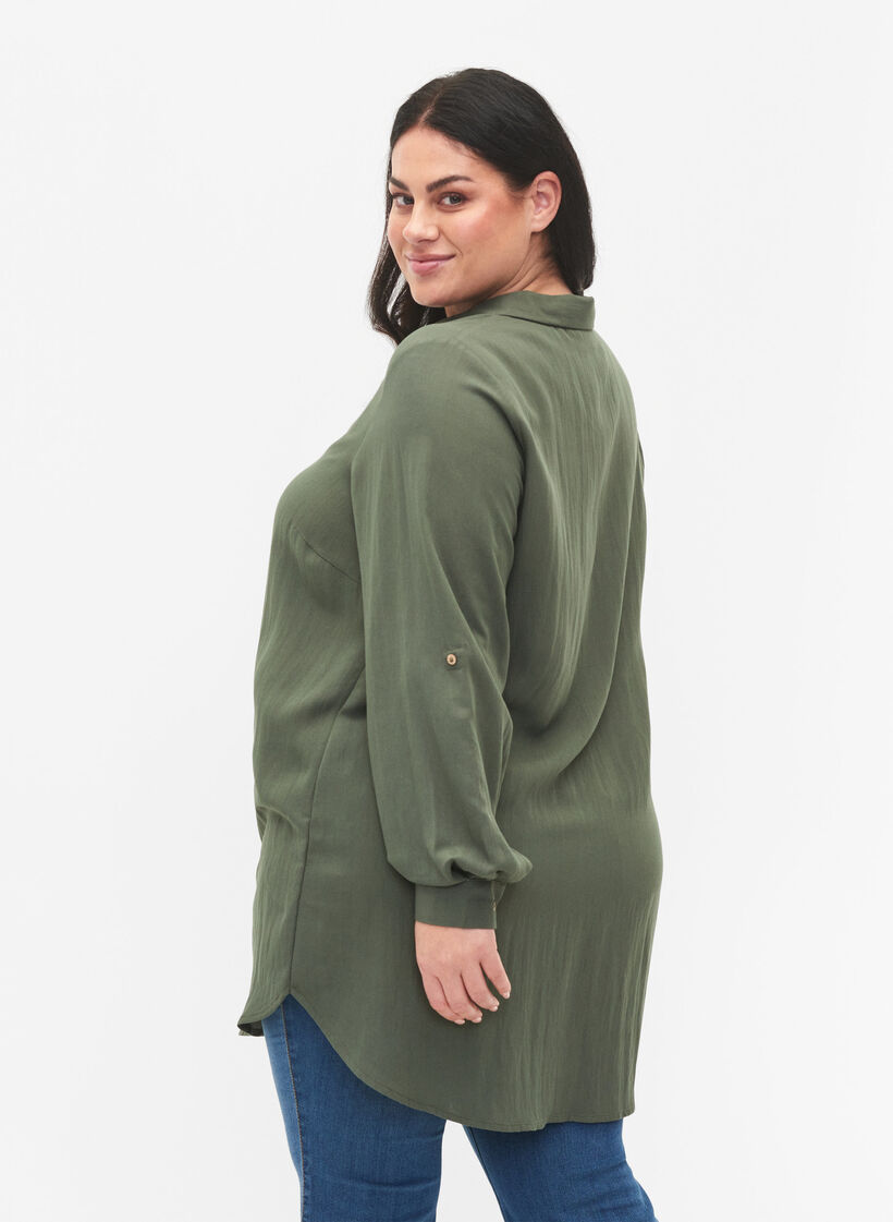 Langes einfarbiges Hemd aus Viskose, Thyme, Model image number 1