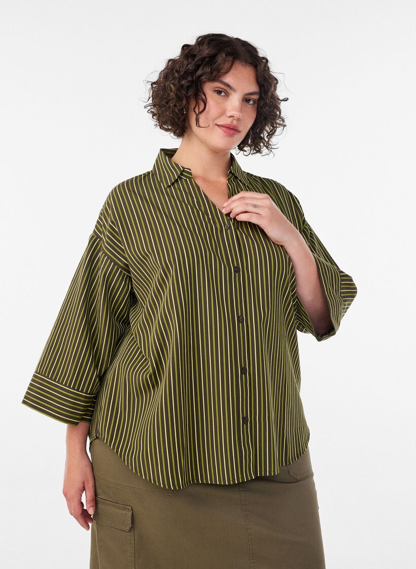 Lockere gestreifte Bluse mit 3/4-&Auml;rmeln, Gr&uuml;n, Model image number 0