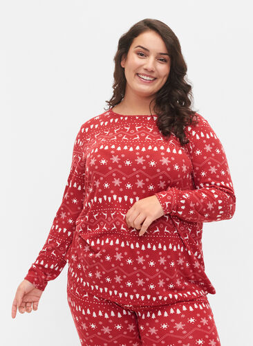 Bluse mit Weihnachtsmotiv, Tango Red/White AOP, Model image number 0