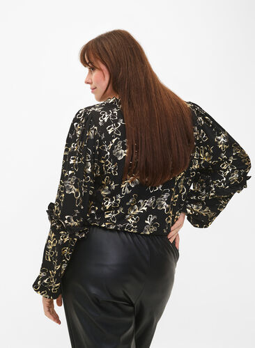 Langärmelige Bluse mit Rüschen und Foliendruck, Black Foil AOP, Model image number 1