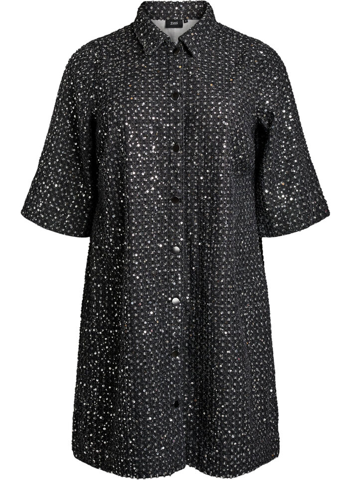 Kleid aus Denim mit Pailletten und 3/4-&Auml;rmeln, Schwarz, Packshot image number 0