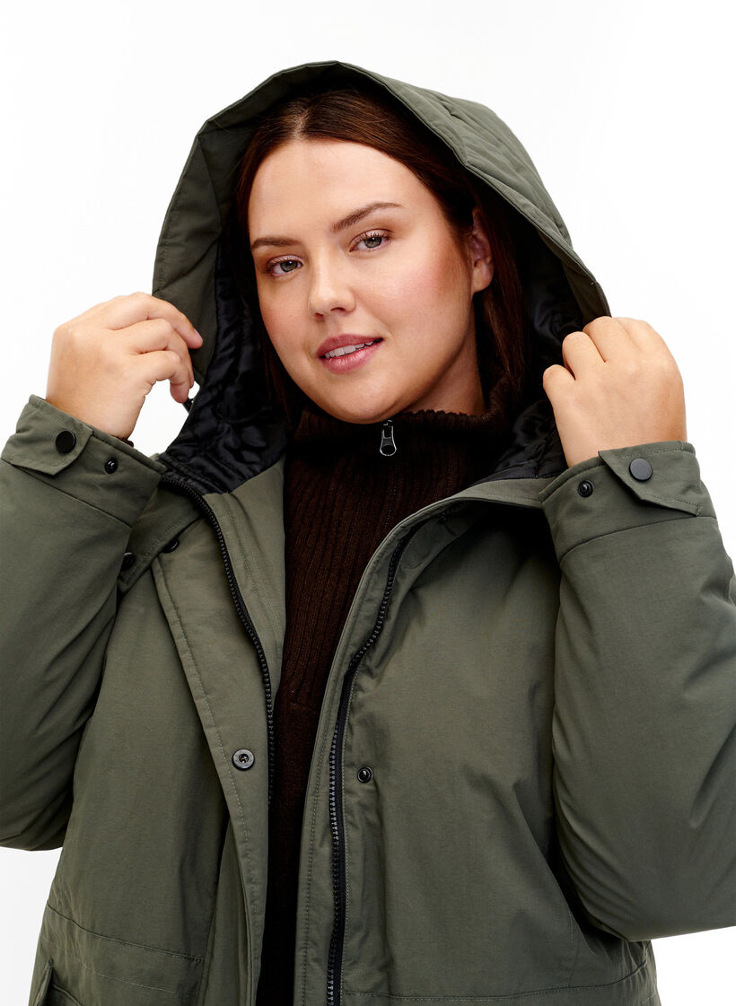 Parka mit Kapuze und verstellbarer Taille, Black Olive, Model image number 3