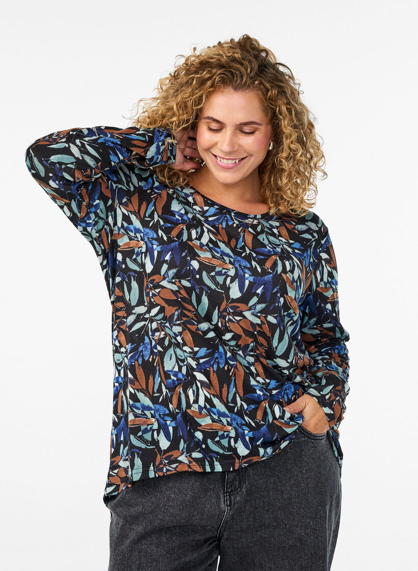 Gemusterte Bluse mit langen Ärmeln, Blau, Model image number 0