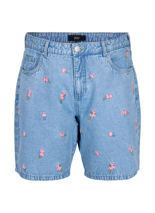 Denim-Shorts mit aufgestickten Blumen, Light Blue AOP, Packshot image number 0