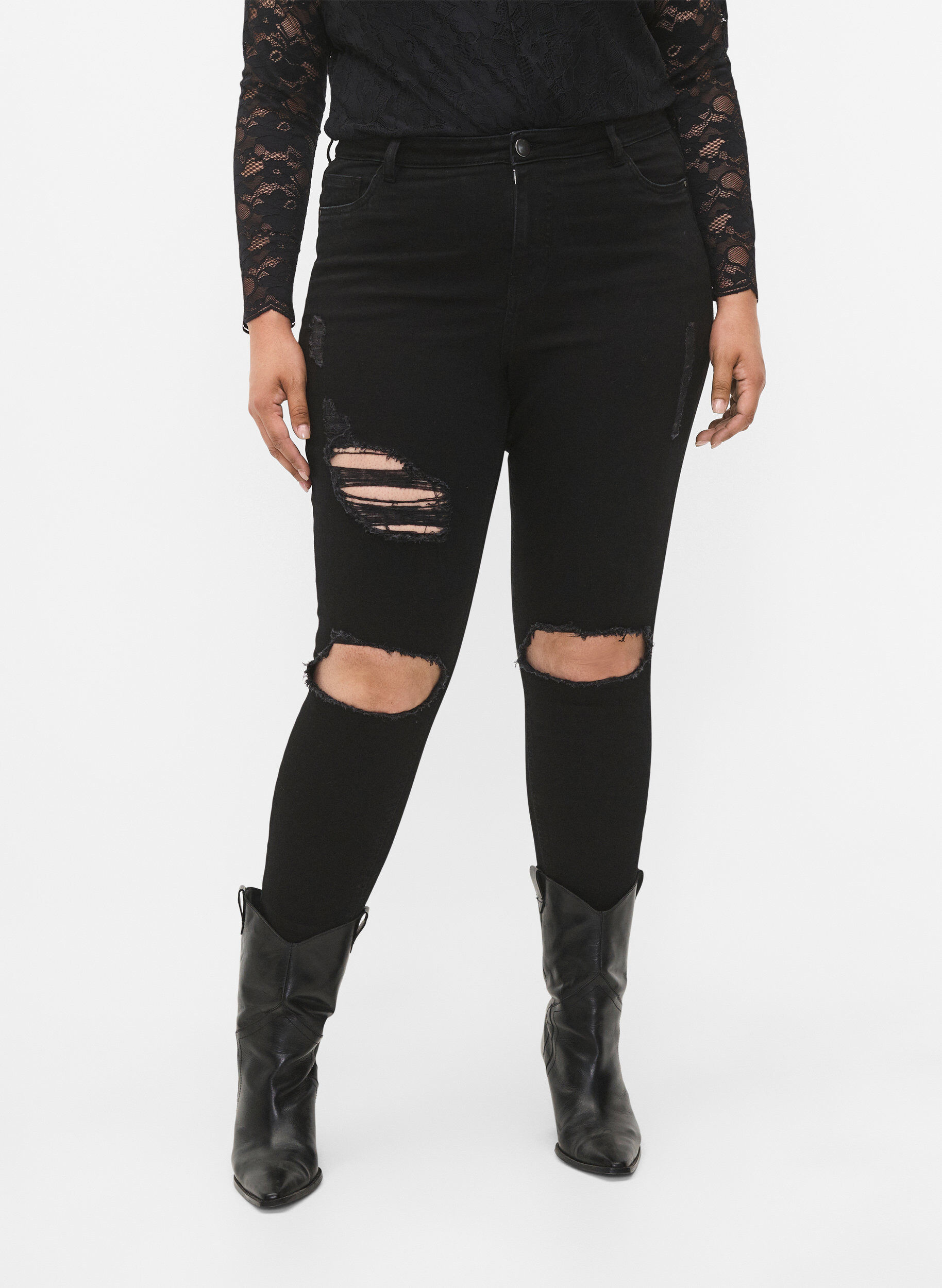 Zizzi Eng anliegende Jeans mit Schlitzen, Black, Model image number 2