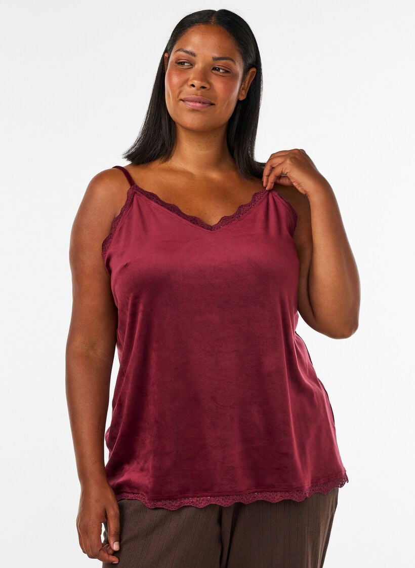 Top aus Velours mit Spitzen, Rot, Model image number 0