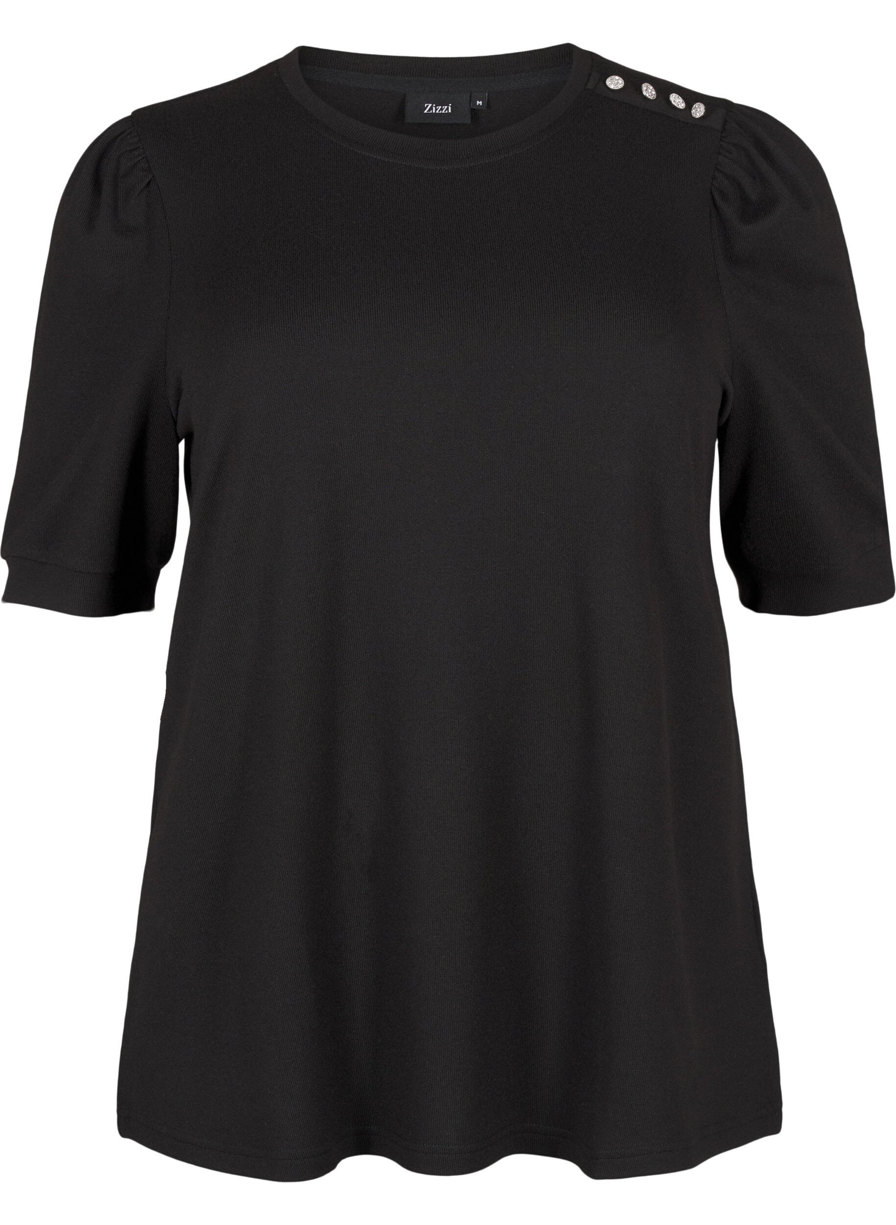 Zizzi Bluse mit Knopfdetail und kurzen Puff&auml;rmeln, Schwarz, Packshot image number 0