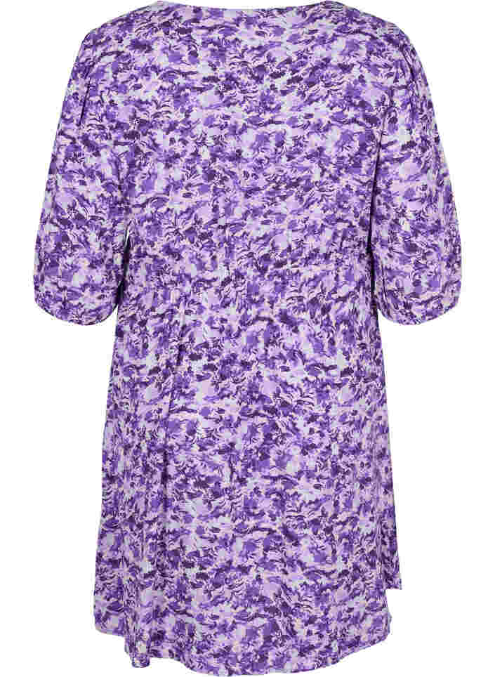 Kleid mit Knöpfen und 3/4-Ärmeln, Purple AOP, Packshot image number 1