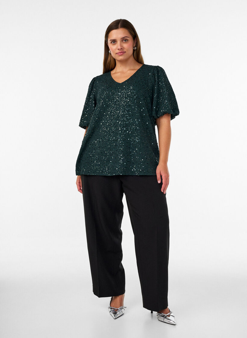 Paillettenbluse mit Ballon&auml;rmeln, Gr&uuml;n, Model image number 1