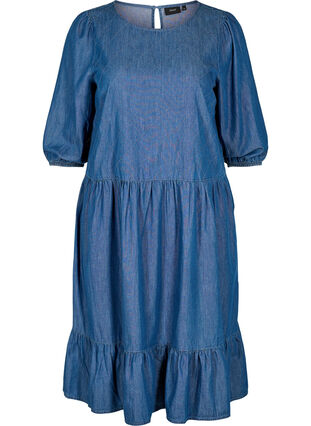 Baumwollkleid mit 3/4-Ärmeln und dekorativen Nähten, Blue, Packshot image number 0