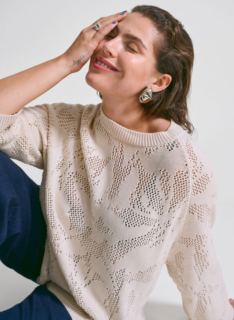 Strickbluse mit Lochmuster und 3/4-Ärmeln, Birch, Image image number 0