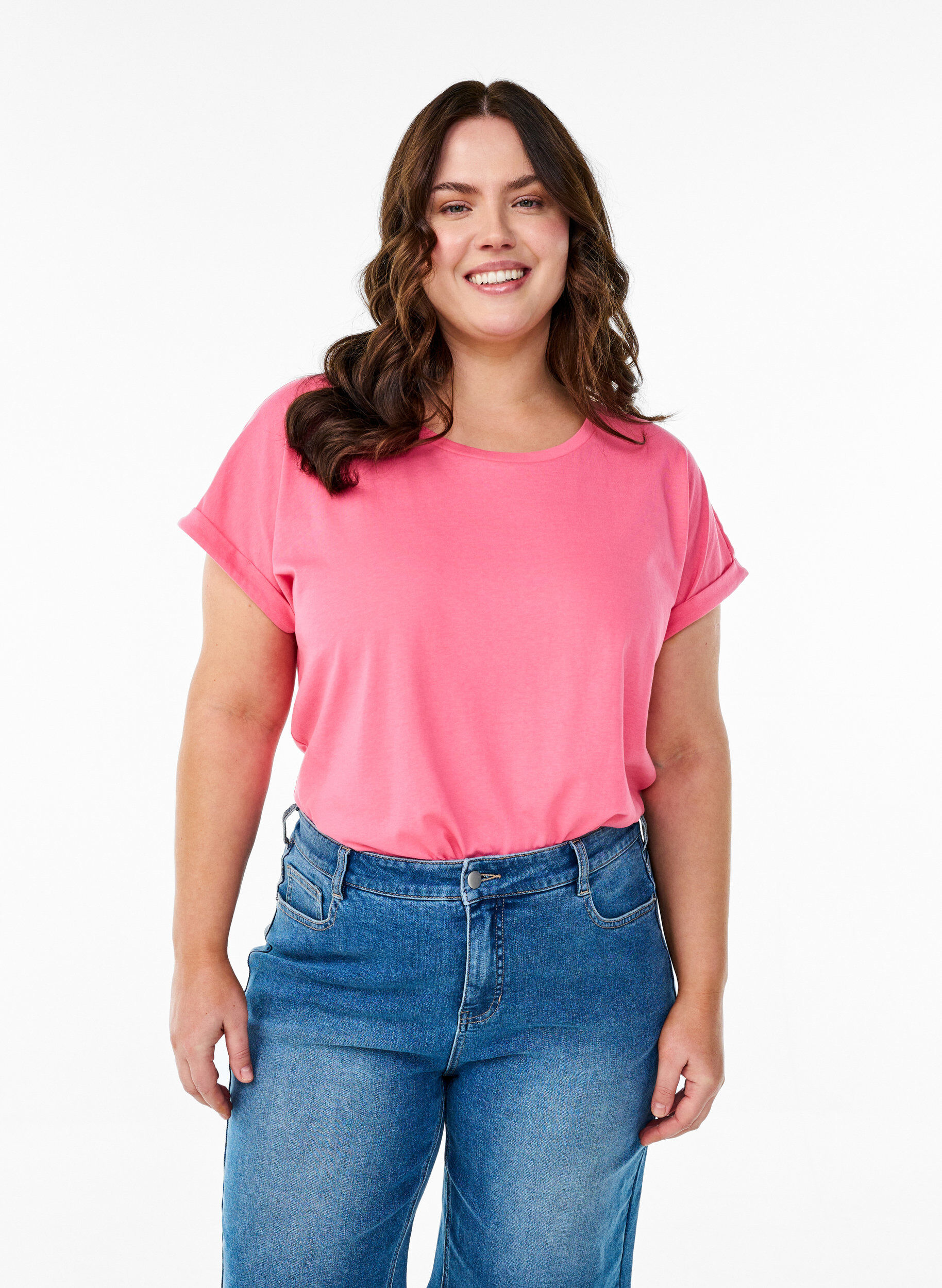 Zizzi Kurz&auml;rmliges T-Shirt aus einer Baumwollmischung, Pink, Model image number 0