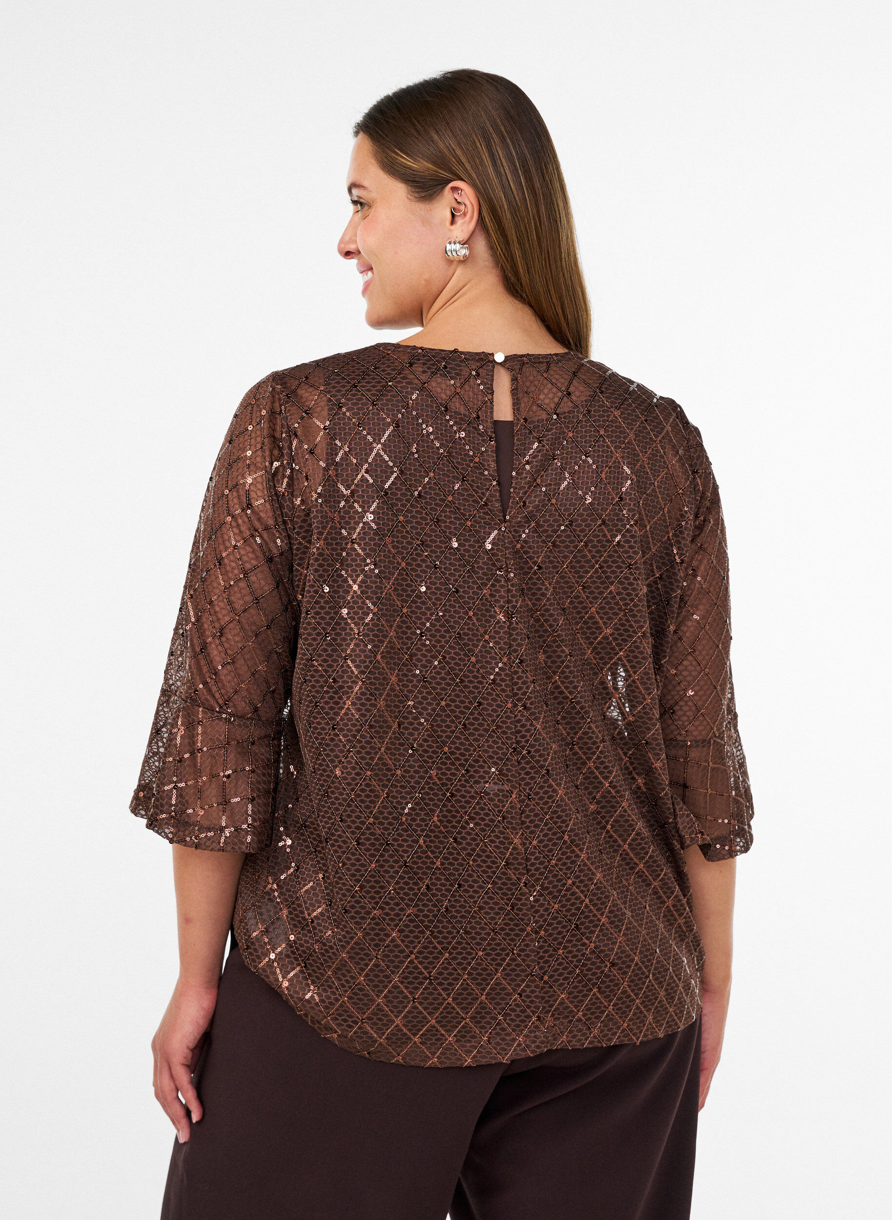 ZizziTransparente Bluse mit Pailletten und Rautenmuster, Braun, Model image number 2
