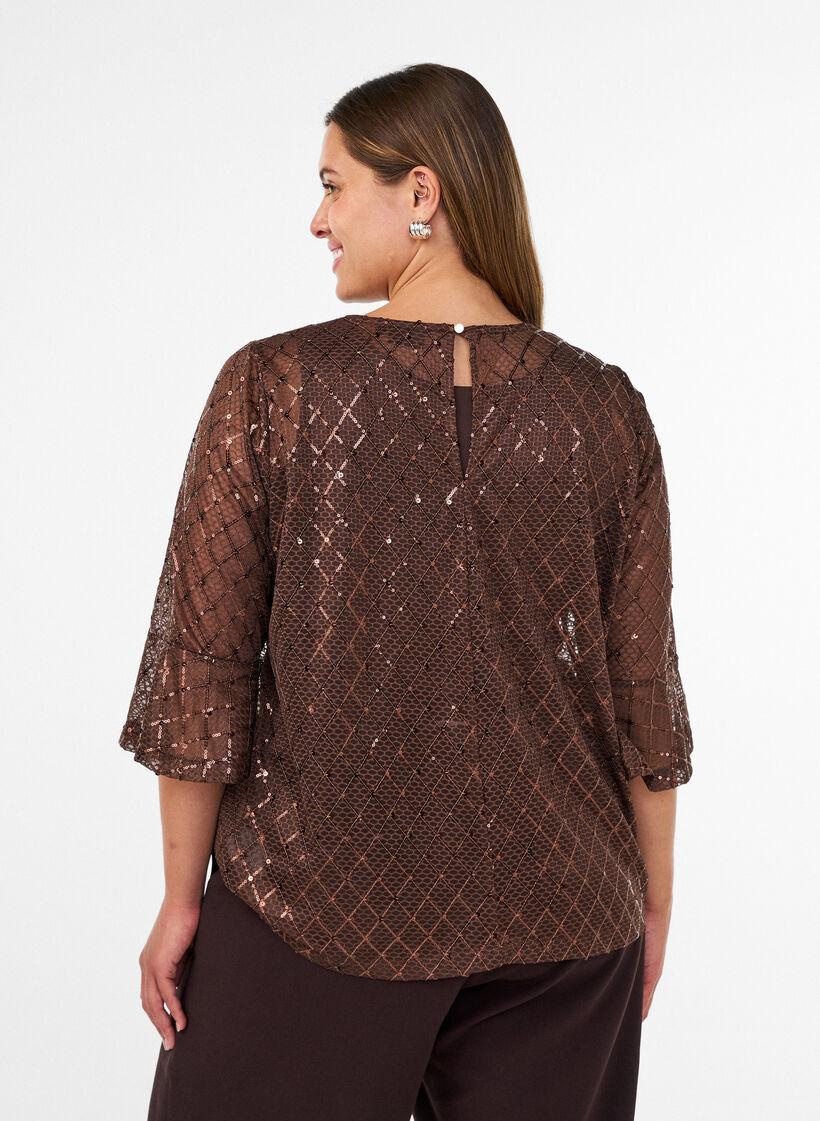 Transparente Bluse mit Pailletten und Rautenmuster, Braun, Model image number 2