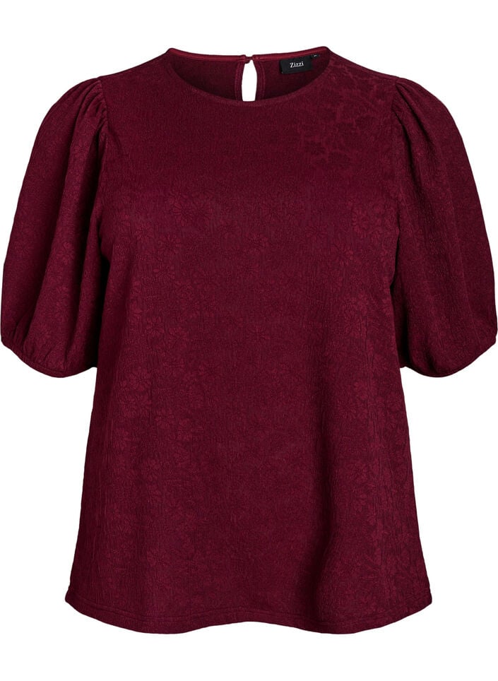 Strukturierte Bluse mit kurzen Ärmeln, Dunkles Bordeaux, Packshot image number 0