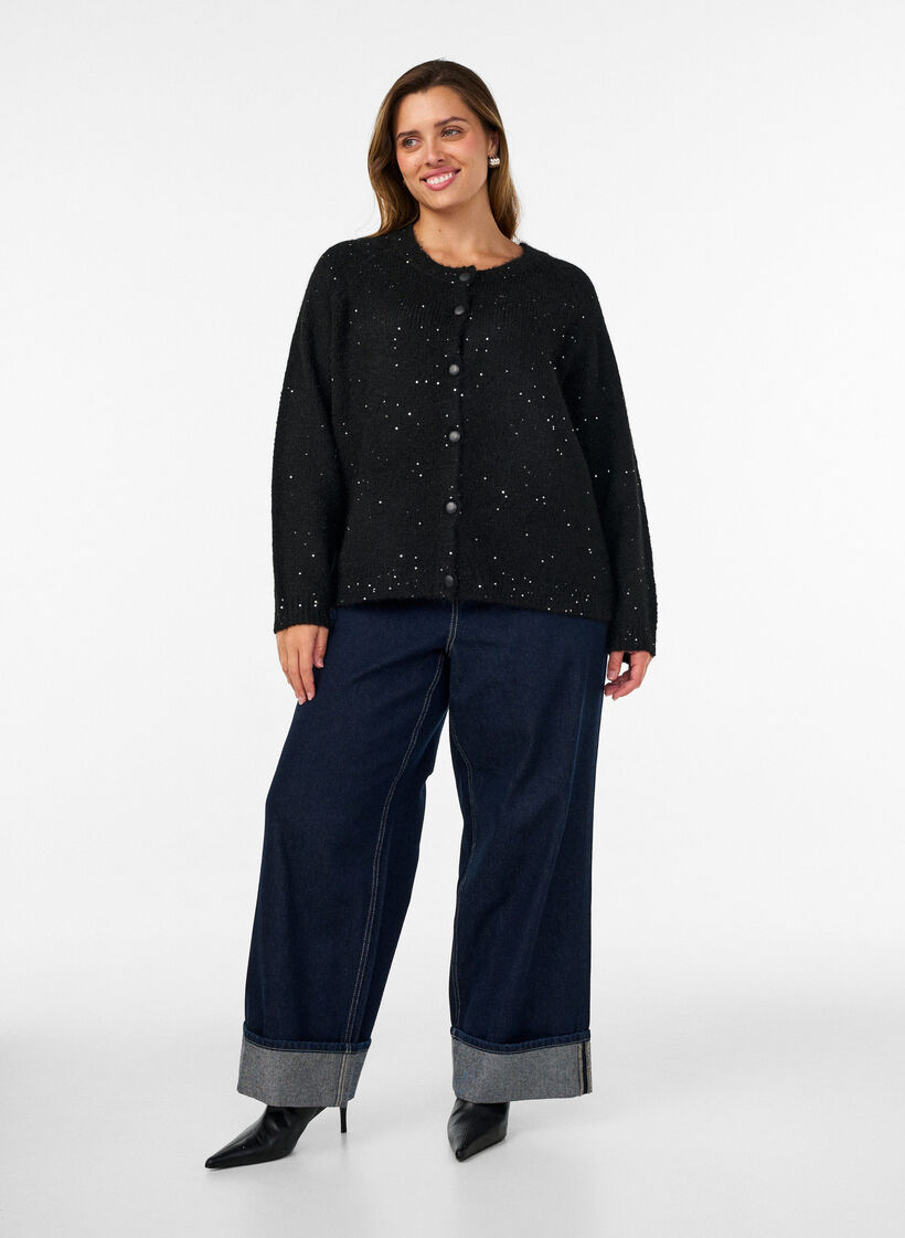 Cardigan mit Pailletten und Kn&ouml;pfen, Schwarz, Model image number 1