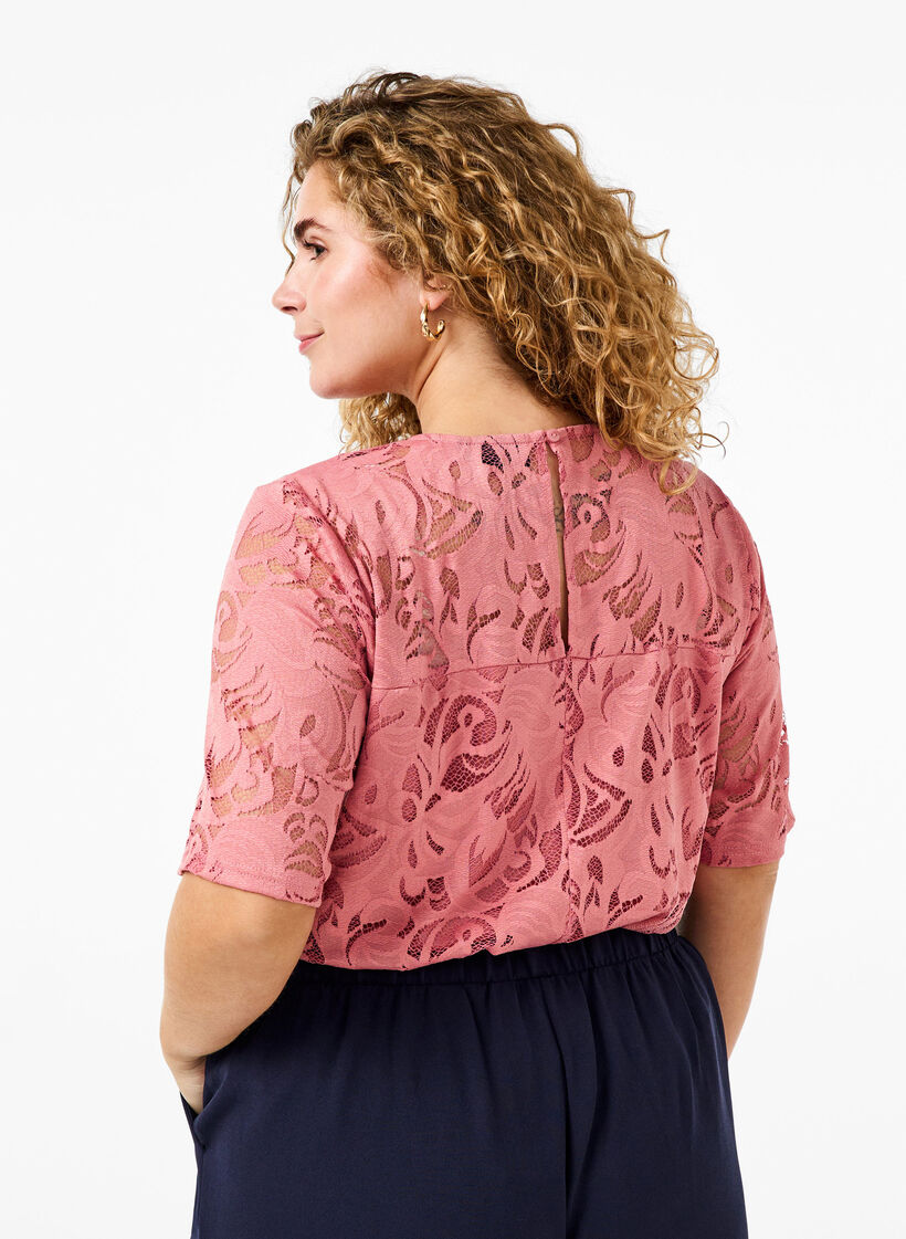 Bluse mit Spitze und kurzen Ärmeln, Dusty Rose, Model image number 1