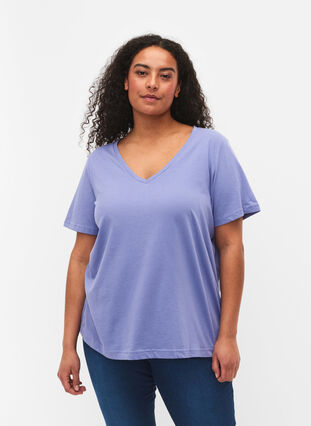 Kurzärmeliges T-Shirt mit V-Ausschnitt, Lavender Viloet, Model image number 0