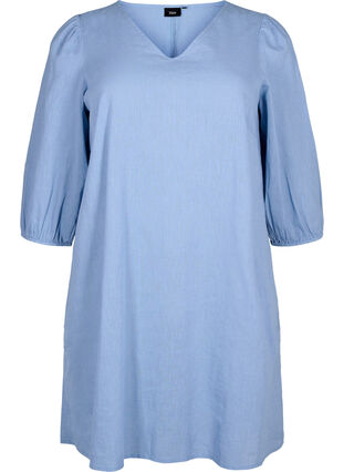 Kurzes Kleid aus Baumwollmischung mit Leinen, Faded Denim, Packshot image number 0