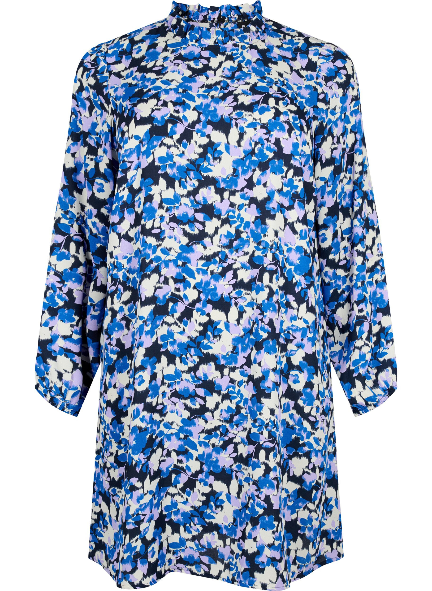 Zizzi FLASH &ndash; Lang&auml;rmeliges Kleid mit Blumendruck, Blue Purple Flower, Packshot image number 0