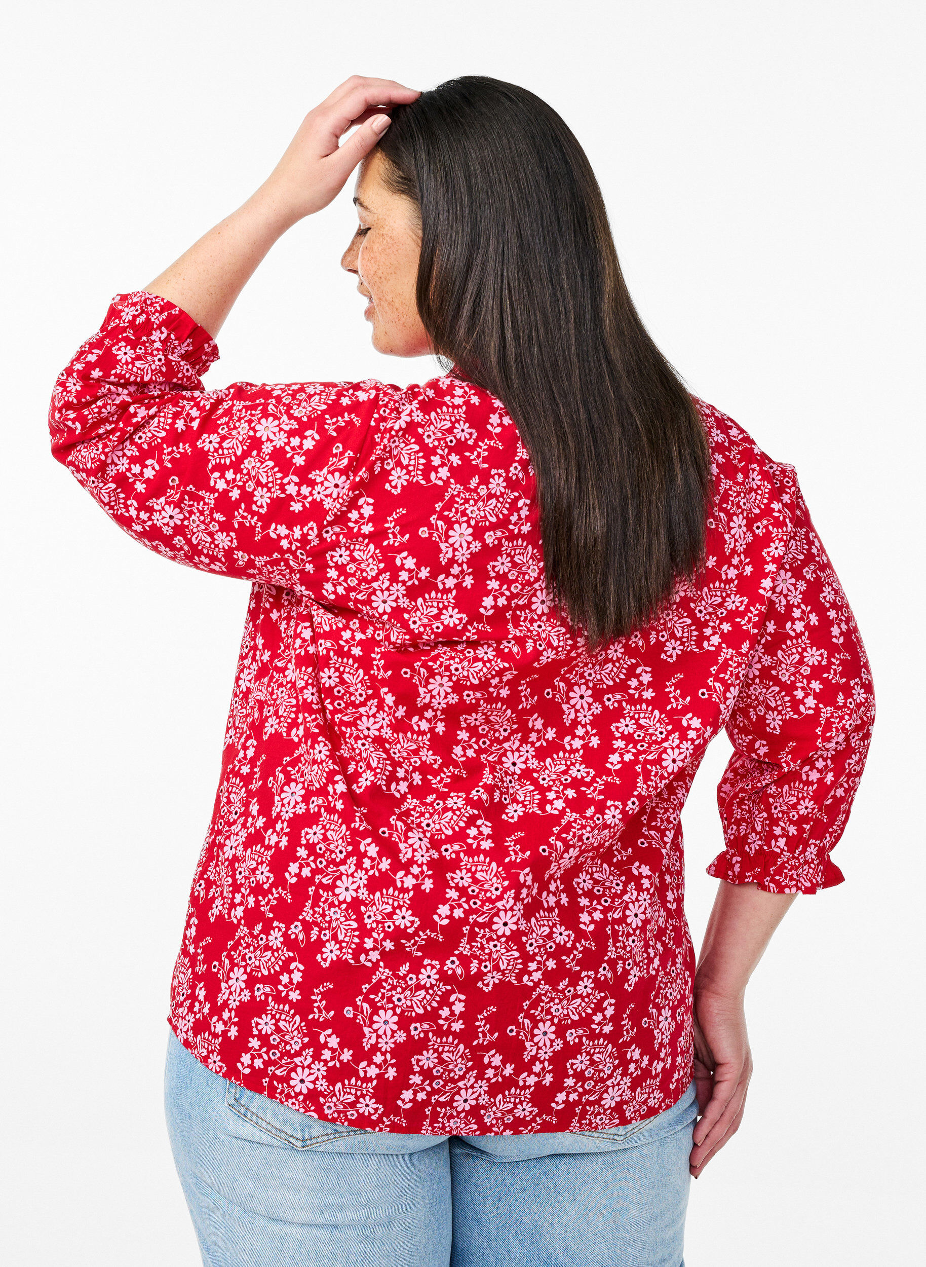 Zizzi Gebl&uuml;mte Bluse aus Baumwolle, Rot, Model image number 2