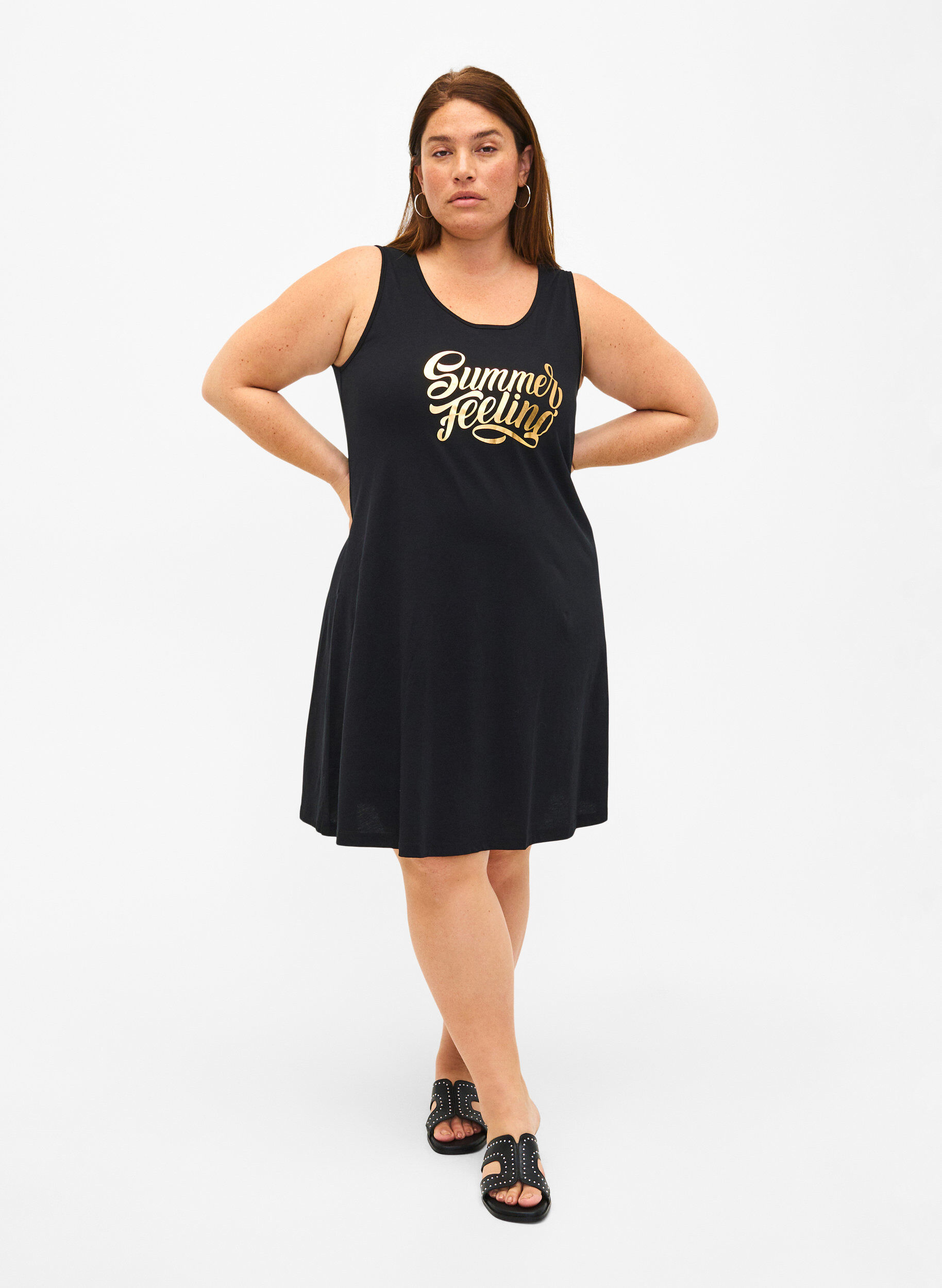 Zizzi &Auml;rmelloses Kleid aus Baumwolle mit A-Linie, Black W. Summer, Model image number 2