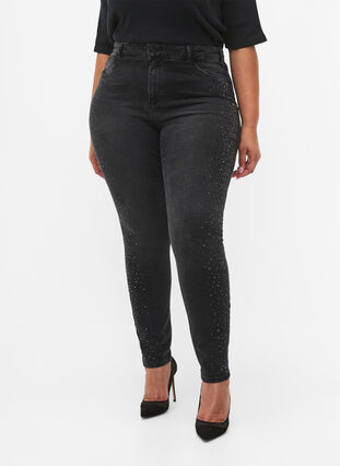Hoch taillierte Amy Jeans mit Strasssteinen, Grey Denim, Model image number 2
