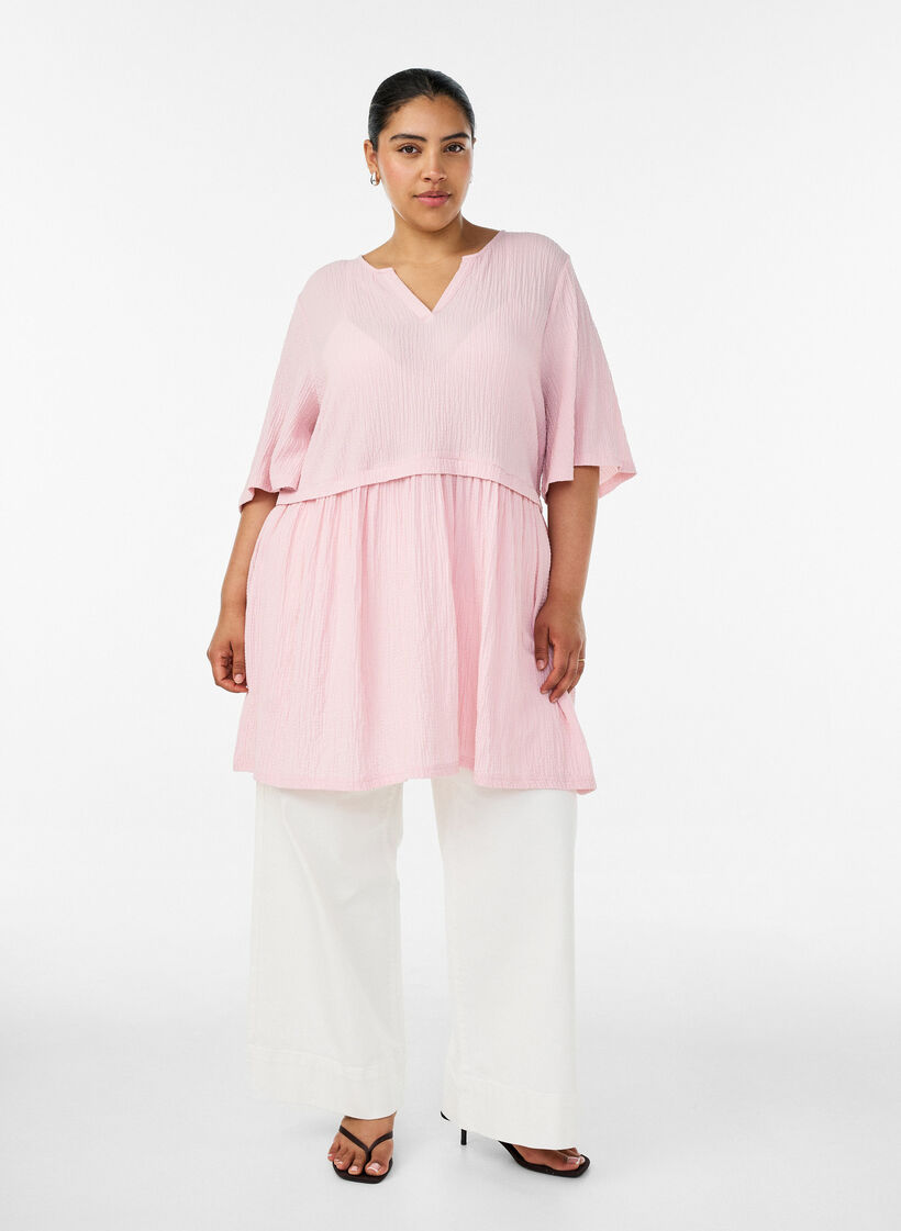 Tunika mit Crinkle-Struktur und 1/2-&Auml;rmeln, Pink, Model image number 1