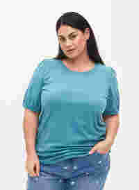 T-Shirt aus Baumwolle mit 2/4-Ärmeln, Brittany Blue, Model