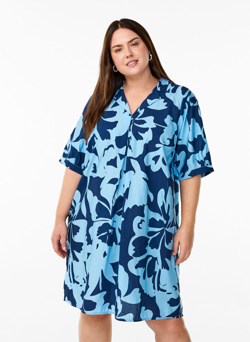 Kleid in Knielänge mit Print und V-Ausschnitt, Blau, Model image number 0
