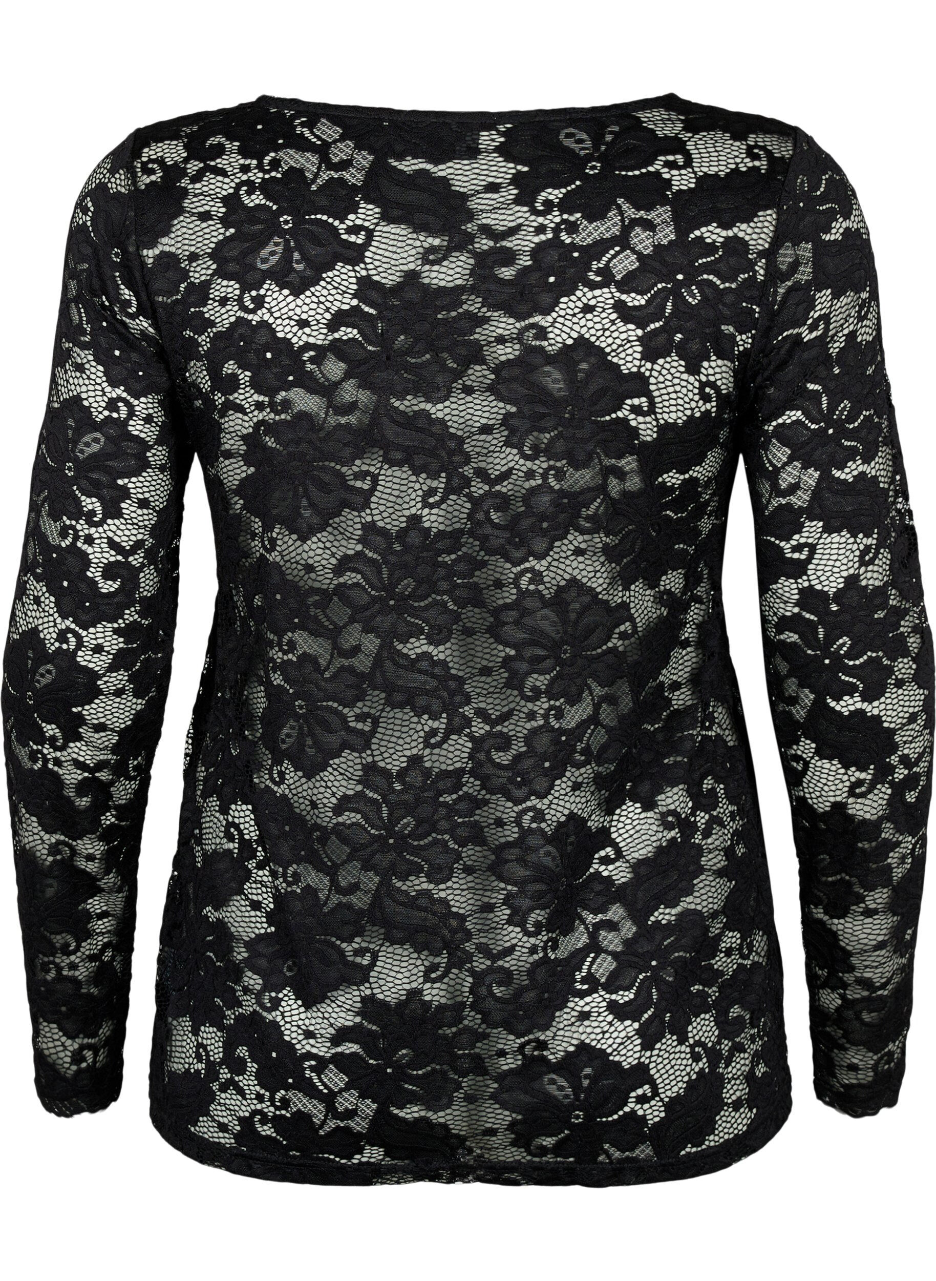 Zizzi Langes &Auml;rmel Spitzenbluse mit V-Ausschnitt, Black, Packshot image number 1
