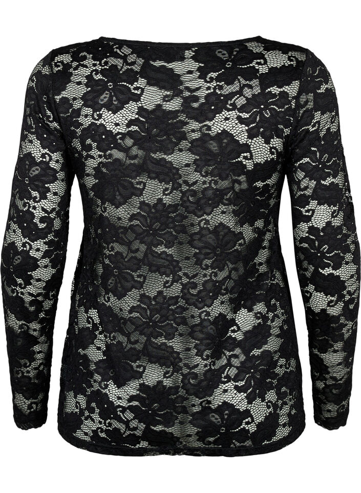Langes Ärmel Spitzenbluse mit V-Ausschnitt, Black, Packshot image number 1