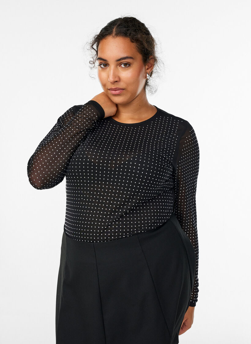 Meshbluse mit Strasssteinen und langen &Auml;rmeln, Schwarz, Model image number 0