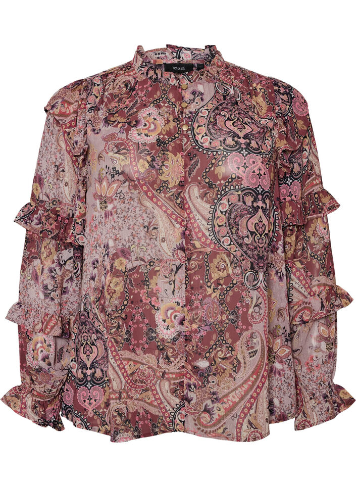 Bluse mit Paisleymuster und R&uuml;schendetails, lila, Packshot image number 0