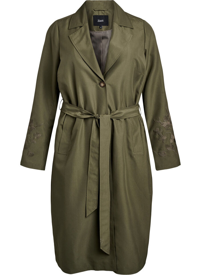 Langer Trenchcoat mit Stickerei, Grün, Packshot image number 0