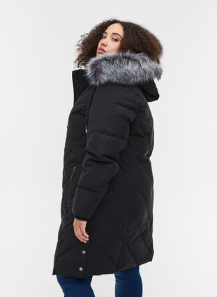 Winterjacke mit abnehmbarer Kapuze und großem imitiertem Pelzkragen, Black, Model image number 1