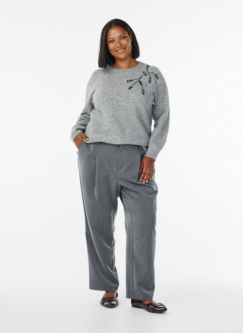 Pullover mit Perlenstickerei, Grau, Model image number 1