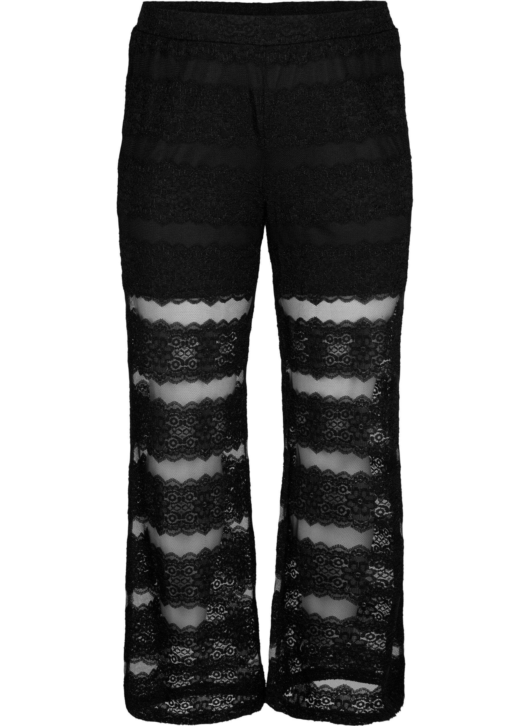 Zizzi Lockere Hose mit Spitze und transparentem Mesh, Black, Packshot image number 0